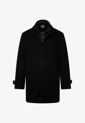 Cappotto nero con colletto, bottoni frontali e tasche laterali. Presenta una fodera interna trapuntata e polsini con bottoni, realizzato in un tessuto liscio.