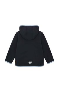 Zwarte hoodie met lichtblauwe accenten, met een berenlogo op de achterkant. De textuur lijkt glad met lange mouwen en een comfortabele pasvorm.