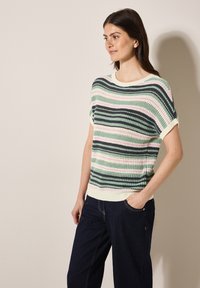 Randig stickad tröja i grön, rosa och krämfärgad. Kortsamade ärmar, ribbad halsringning och fåll. Kombineras med mörkblå vida jeans.