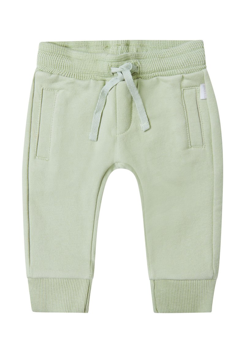 Lichtgroene sweatpants met geribde boorden en tailleband, trekkoordsluiting en twee zijzakken. Zachte stof met een soepele textuur.