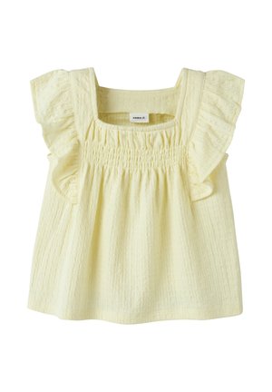 Gelbes Baby-Kleid mit quadratischem Ausschnitt, gerüschten Kappenärmeln und einem gerafften Oberteil aus strukturiertem Stoff.