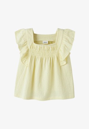 Gelbes Baby-Kleid mit quadratischem Ausschnitt, gerüschten Kappenärmeln und einem gerafften Oberteil aus strukturiertem Stoff.
