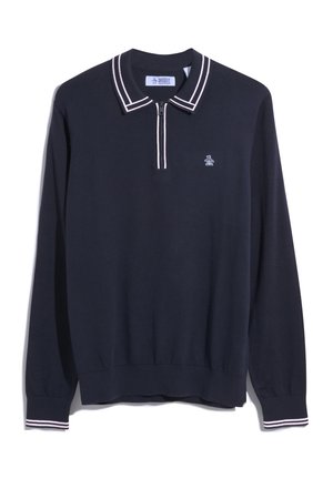 Marineblauwe polo met lange mouwen gemaakt van zachte stof, met een ritsnek, gestreepte kraag en een klein logo op de borst.