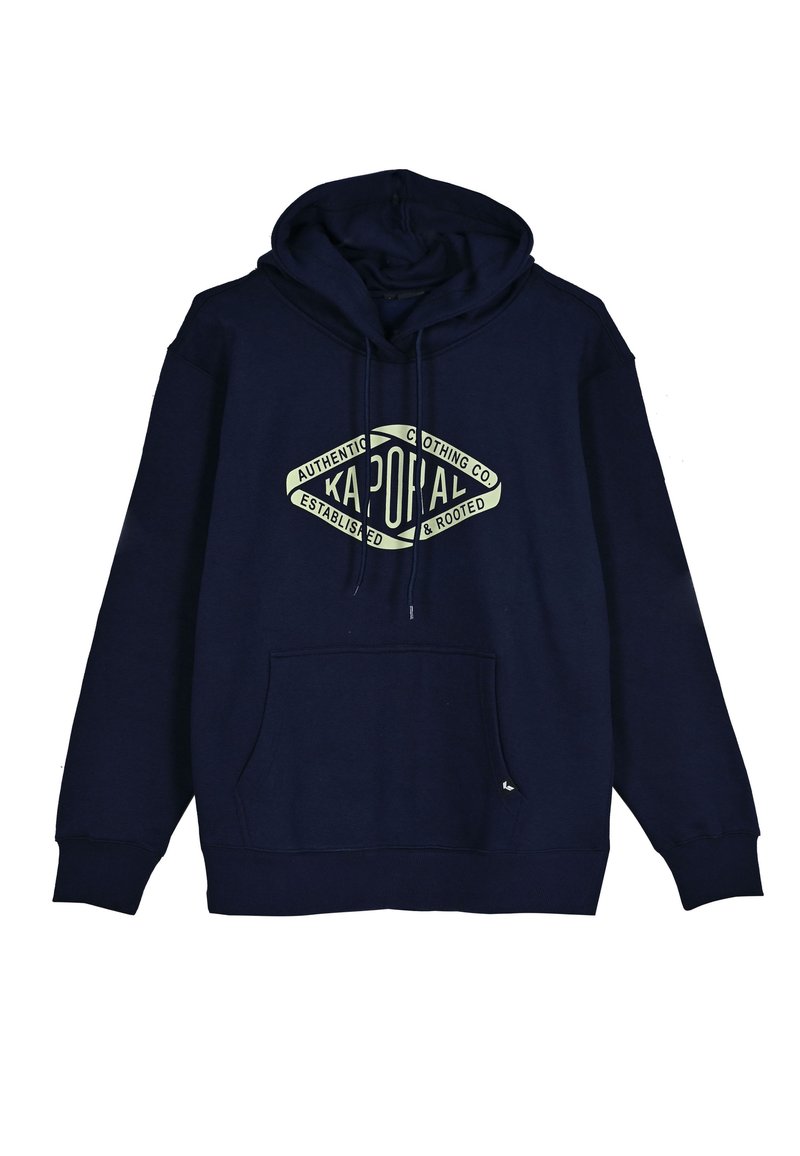 Sudadera con capucha de color azul marino, fabricada en algodón, con un bolsillo frontal, cordón ajustable y un logotipo gráfico en el pecho de color verde claro.