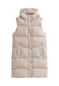 Gilet imbottito senza maniche in beige chiaro, con cappuccio, bottoni a pressione frontali e due tasche laterali. Tessuto liscio e trapuntato.
