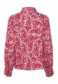 Long-sleeved blouse in a vibrant pink, white, and orange abstract pattern, featuring a collar and elasticated cuffs for a gathered effect.