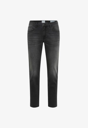 Jeans in denim nero con una texture liscia, gamba affusolata e dettagli di leggera scoloritura. Presentano cinque tasche e una chiusura standard con bottone in vita.