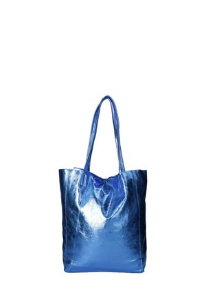 Borsa a spalla blu metallizzato realizzata in materiale liscio e lucido, con due manici lunghi e un design con parte superiore arricciata. Nessun motivo o decorazione visibile.