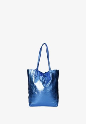 Borsa a spalla blu metallizzato realizzata in materiale liscio e lucido, con due manici lunghi e un design con parte superiore arricciata. Nessun motivo o decorazione visibile.