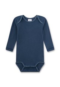 Diepblauwe longsleeve bodysuit met een ronde halslijn, drukknoopsluiting aan de onderkant en contrasterende stiksels langs de naden. Van katoen.