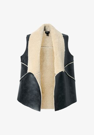 Czarna skórzana kamizelka z kremowym sztucznym futrem wewnątrz, otwarty przód i starannie wykonane przeszycia. Posiada szeroki, zaokrąglony kołnierz.