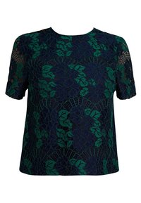 Spetskortärmad topp i mörkblått med grönt blommönster. Den har rund halsringning och en strukturerad, lager-på-lager look.