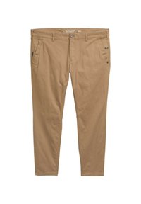 Beige katoenen broek met een platte voorkant, zijzakken en een enkele decoratieve knoopdetail op de rechterzak. Standaard pasvorm en lengte.