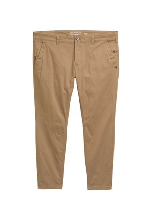 Beige Baumwollhose mit flachem Bund, seitlichen Taschen und einem dekorativen Knopfdetail auf der rechten Tasche. Standardpassform und -länge.