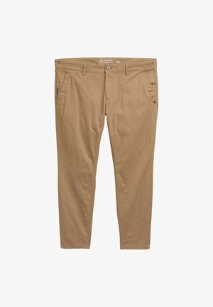 Pantaloni di cotone beige con fronte piatto, tasche laterali e un dettaglio decorativo a bottone singolo sulla tasca destra. Vestibilità e lunghezza standard.