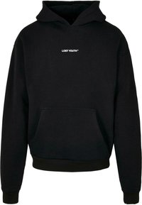 Sweat à capuche noir avec poche kangourou à l'avant et texte blanc "LOST YOUTH™" centré sur la poitrine.