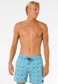 Shorts de bain bleu clair avec un motif. Dotés d'une taille élastique, de détails avec cordon de serrage et d'une étiquette de logo sur l'ourlet.