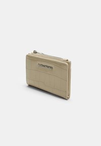 Beige faux leather wallet with crocodile texture, silver hardware, and a zip closure; features embossed brand logo on the front.