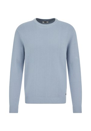 Gaiši zils adīts džemperis ar apaļu kakla izgriezumu, gariem piedurknēm un ribētiem aprocēm un apakšu. Visa virsma ar teksturētu rakstu.