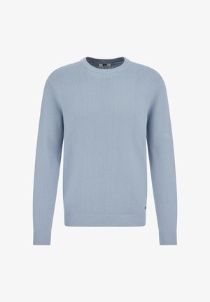 Svijetloplavi pleteni džemper s okruglim izrezom, dugim rukavima i rebrastim manšetama i rubom. Ima teksturirani uzorak po cijeloj površini.