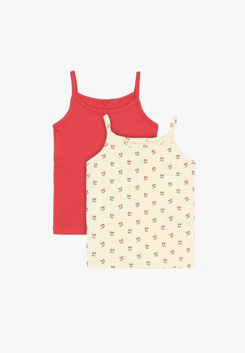 Kaks tank topsi: üks ühes toonis punane ja teine kreemjas punane lillemustriga. Mõlemal on õhukesed rihmad ja pehme, kerge kangas.