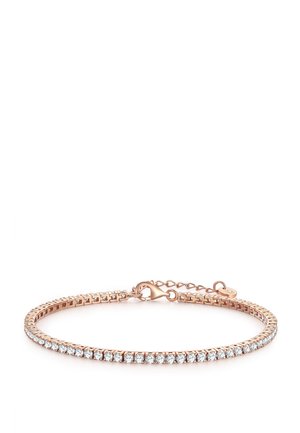 Tennisarmband van roségoud met een enkele rij ronde, heldere edelstenen en een karabijnsluiting met verstelbare ketting.