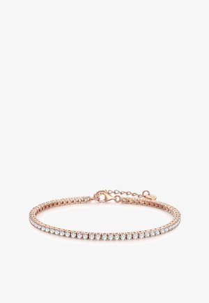 Rosa guld tennisarmbånd med en enkelt række af runde klare ædelstene og en hummer-lås med justerbar kæde.