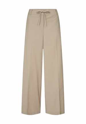 Pantalons à jambes larges en beige clair, fabriqués en tissu doux avec une taille à cordon de serrage et sans poches visibles. Texture lisse avec une coupe ajustée.