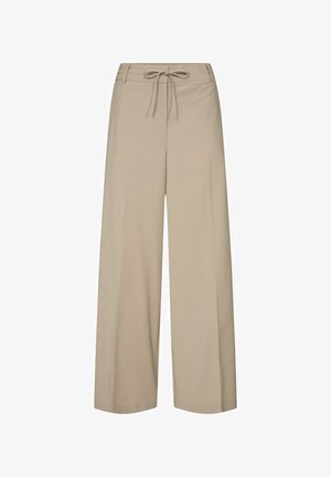 Hlače širokog kroja u svijetloj bež boji, izrađene od mekog materijala s pojasom na vezanje i bez vidljivih džepova. Glatka tekstura s krojem prilagođenim tijelu.