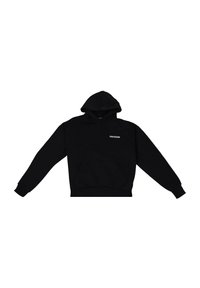 Schwarzer Kapuzenpullover aus weichem Stoff, mit einer Kängurutasche und einem weißen "DROPSIZE"-Logo auf der Brust. Mit Bündchen an den Ärmeln und dem Saum.