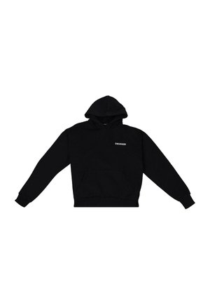 Sweatshirt à capuche noir en tissu doux, doté d'une poche kangourou et du logo blanc "DROPSIZE" sur la poitrine. Manches et ourlet à bords-côtes.