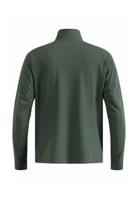 Grüne Jacke mit langen Ärmeln aus glattem, leichtem Stoff. Verfügt über einen hohen Kragen und ein minimalistisches Design ohne sichtbare Beschläge.