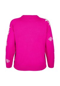 Maglione a maglia fucsia con maniche lunghe, caratterizzato da motivi di fiocchi di neve bianchi sulle maniche. Collo rotondo classico e vestibilità regolare.