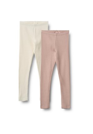 Zwei Paare von dehnbaren Leggings: eines in Creme und das andere in hellrosa. Beide sind gerippt, mit einem elastischen Bund und einer figurbetonten Passform.