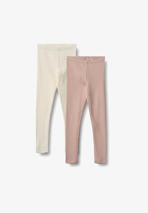 Deux paires de leggings extensibles : l'une en crème et l'autre en rose pâle. Les deux sont côtelés avec une taille élastique et une coupe ajustée.