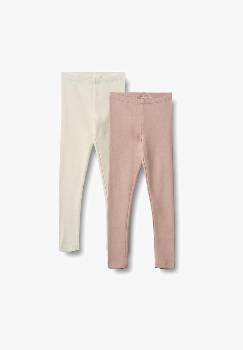 Dwie pary legginsów stretch: jedna w kolorze kremowym, a druga w jasnoróżowym. Obie mają prążkowany wzór, elastyczną talię oraz dopasowany krój.