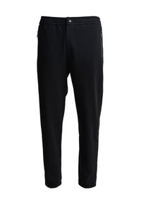 Zwarte joggingbroek met een elastische tailleband, zijzakken met rits en taps toelopende pijpen. Gemaakt van zachte stof met een gladde textuur.