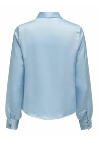 Blusa di seta azzurro chiaro con una texture liscia, colletto classico e maniche lunghe. Presenta polsini con bottoni e un orlo curvo.