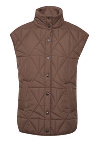 Brązowa pikowana kamizelka z wysokim kołnierzem, zapięciem na napy i kieszeniami bocznymi; ma diamentowy wzór przeszyć i gładką teksturę.