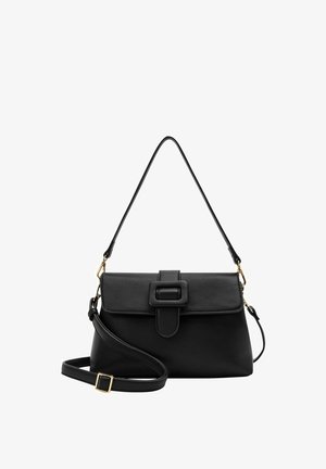 Schwarzlederhandtasche mit rechteckiger Form, Klappe an der Oberseite, quadratischem Schnallenakzent und abnehmbarem Trageriemen mit goldenen Beschlägen.
