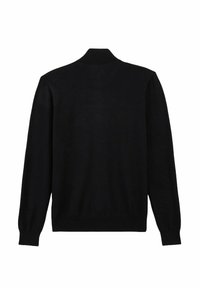 Pull en tricot noir avec col rond, manches longues et poignets côtelés. Texture lisse sans motifs ni hardware visibles.