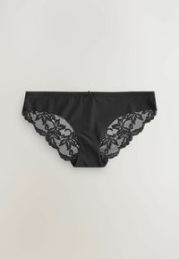 Zwarte onderbroek met kantdetails langs de zijkanten, versierd met bloemenpatronen en een gestructureerde gaas overlay. Gladde stof in het midden.