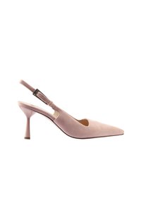 Rosa mocka slingback-pumps med spetsig tå, urgröpta sidor och en slank, medelhög klack. Justerbar rem med metallisk accent.