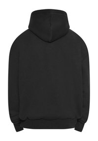 Sort hættebluse med en afslappet pasform, lange ærmer, ribbede manchetter og kant, blød tekstur, og uden synlige logoer eller mønstre.