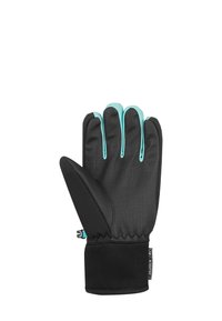 Schwarze Handschuhe mit türkisfarbigen Akzenten, ausgestattet mit einer strukturierten Oberfläche, eng anliegender Passform und elastischem Bündchen für einen sicheren Abschluss. Geeignet für kaltes Wetter.