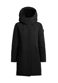 Abrigo acolchado negro con cuello alto y capucha grande, con bolsillos laterales con cremallera y un silueta recta. Textura suave, diseño minimalista.