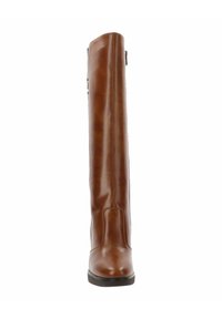 Botte en cuir marron haute jusqu'au genou avec une finition lisse, un bout arrondi, des détails de couture verticaux et une fermeture éclair sur le côté pour plus de facilité à enfiler.