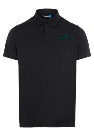Polo noir à manches courtes avec col, deux boutons et petit logo vert sur le côté gauche de la poitrine.