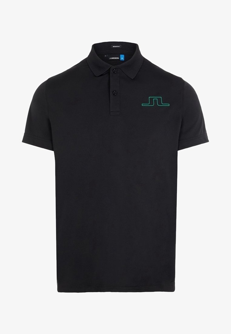 Polo noir à manches courtes avec col, deux boutons et petit logo vert sur le côté gauche de la poitrine.