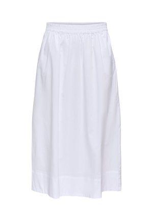 Jupe midi blanche avec taille élastique et tissu lisse, conçue pour un usage décontracté ou formel.